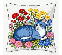 AxiangziK Latch Hook Kits for Adults,Cat in The Flowers,DIY Latch Cross Stitch Sofa Cushion,Creativity Gift Embroidery Home Decoration,17x17in
