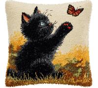 AxiangziK Latch Hook Needlecraft Pillow Kit 43x43cm,Black Cat and Butterfly Pre-Printed Pattern Cushion Making Set,Great for Relaxation & Home Styling,17x17in