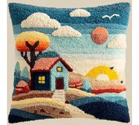 AxiangziK Latch Hook Needlecraft Pillow Kit 43x43cm,Cartoon House in the Forest Pre-Printed Pattern Cushion Making Set,Great for Relaxation & Home Styling,17x17in