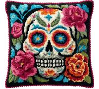 AxiangziK Latch Hook Pillow Case Kit for Adults,Flower Skull 3D DIY Pre-Printed Craft Latch Hook Pillow Kits for Throw Pillow Cover Sofa Cushion Cover,17x17in