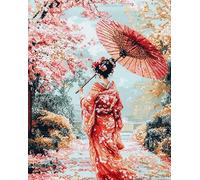 AxiangziK Sakura Park Landscape Art Stamped Cross Stitch Kits,Beautiful Japanese Woman,DIY Embroidery Crafts for Needle Point Starter Kit,40x50cm