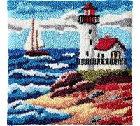 AxiangziK Seaside Landscape Latch Hook Kits for Adults Beginners,Lighthouse and Sailboat,Latch Hook Pillow Kit Pre-Printed Cross-Stitch Embroidery Cushion for Home Sofa Decoration,17x17in