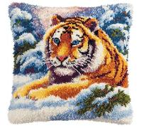 AxiangziK Snowy Forest Scene Latch Hook Cushion Cover Kit,Animal Tiger,DIY Needlework Embroidery Kits Handmade Set Latch Hook Craft Sofa Home Decor,17x17in