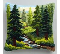 AxiangziK Spring Landscape Latch Hook Cushion Kit,Green Forest,DIY Pillowcase for Kids Adults,Printed Canvas for Beginners,Cross Stitch Embroidery Kits,17x17in
