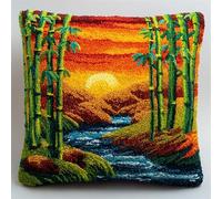AxiangziK Sunset Landscape Latch Hook Kits DIY Throw Pillow Cover,Bamboo Forest,Cushion Cover Embroidery Craft Kit for Adults and Beginners Embroidery Home Decoration,17x17in