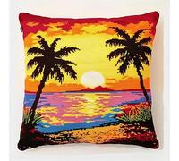 AxiangziK Tropical Sunset Landscape Latch Hook Cushion Kits,Coconut Trees on the Beach,Latch Hook Pillow Case,Embroidery Kits,DIY Needlework Pillow Cover Sofa Cushion Rug Making,17x17in