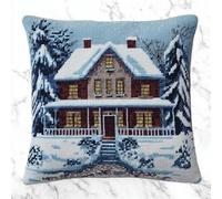AxiangziK Winter Landscape Cross Stitch Needlework Set,Forest Cabin Snow Scene,DIY Latch Hook Cushion Kit Pillow Mat Crocheting Cushion Embroidery Pillow,17x17in