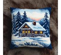 AxiangziK Winter Landscape Latch Hook Cushion Kit,Forest Cabin Snow Scene,Latch Hook for Beginners Adults or Children,Pillow Cover Kit Christmas Gifts,17x17in