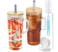 AXIM Tumbler Glass Cups with Straw and Lid,24oz/700ml Mason Glass Cups with Handle,Iced Coffee Cups with Lids,Drinking Glasses for Bubble Tea, Smoothies, Juice and Beer (2 Pcs)