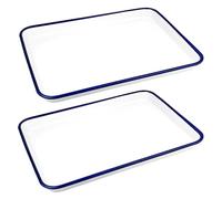 Axincardarm 2 Pack Enamel Baking Tray 38 x 28cm Enamel Bake Pan White with Blue Rim Enamels Roasting Baking Trays, Rectangular Enamelware Cookware for Kitchen