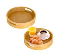 Axincardarm 2 Pcs Round Wooden Tray with Handles for Serving Beverages Tea Plate, Bamboo Serving Tray with Handles for Coffee Fruit Food Meals