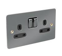 Axiom Black Nickel Double Socket with Black Inserts, Switched BS1363 Wall-Mounted Outlet, Metal Construction, 240V 13A Type G, Flat Plate Design