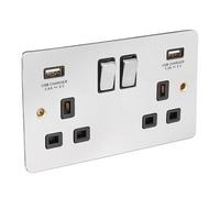 Axiom Double Socket with Twin USB Ports, Chrome Finish with Black Inserts, Flat Plate Design, FSSK2/CB/USB Model