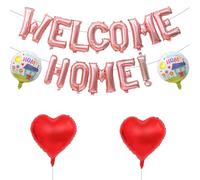 AxiyanX 16" Welcome Home Balloons Kit with 2Pcs Foil Home Balloons & 2Pcs Heart Balloon for House Warming Party, Family Gathering Decoration | Self-Sealing Design (Pink)