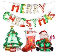 AxiyanX Merry Christmas Balloons Banner Kit - 14 Letters Santa Tree Stocking Foil Balloons for Xmas Party Decor, No Helium Needed Indoor Outdoor Decorations