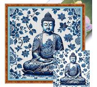 AXNSATRE Blue and White Porcelain Buddha Cross Stitch Kit - 14CT 2strands Stamped Embroidery Kit for Adults Beginners, DIY Needlepoint Cross-Stitch Patterns (Blue and White Porcelain Buddha) 40x40cm
