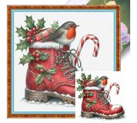AXNSATRE Christmas Boots and Robin Cross Stitch Kit - 11CT 3strands Stamped Embroidery Kits for Adults Beginners, DIY Needlepoint Pre-Printed Cross-Stitch Patterns (Christmas Boots and Robin) 40x40cm