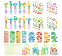 AXNSATRE Dinosaur Stationery Party Bag Fillers 12 Pack - Cute 4-in-1 Multi-Colour Pens, Dino Stickers, Sticky Notes, Bookmarks & Organza Bags - Perfect Kids Birthday Party Favours & School Rewards