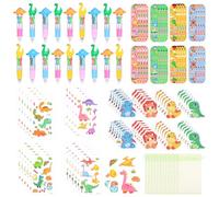 AXNSATRE Dinosaur Stationery Party Bag Fillers 24 Pack - Cute 4-in-1 Multi-Colour Pens, Dino Stickers, Sticky Notes, Bookmarks & Organza Bags - Perfect Kids Birthday Party Favours & School Rewards