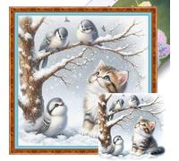 AXNSATRE Winter Cat and Bird Cross Stitch Kit - 11CT 3strands Stamped Embroidery Kits for Adults Beginners, DIY Needlepoint Pre-Printed Cross-Stitch Patterns (Winter Cat and Bird) 40x40cm