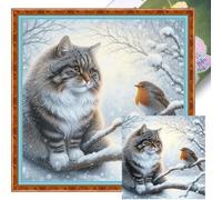 AXNSATRE Winter Cat and Bird Cross Stitch Kit - 11CT 3strands Stamped Embroidery Kits for Adults Beginners, DIY Needlepoint Pre-Printed Cross-Stitch Patterns (Winter Cat and Bird) 40x40cm