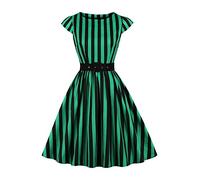 AXOE Women 50s Dresses Rockabilly Vintage Inpired Belted Cotton Green Black Striped, UK Size 12, M