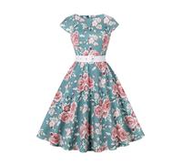 AXOE Women 50s Dresses Rockabilly Vintage Inpired Belted Cotton Green with Printed Floral F05, UK Size 14, L