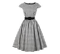 AXOE Women 50s Dresses Rockabilly Vintage Inpired Belted Cotton White Black Plaid, UK Size 10, S