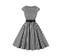 AXOE Women 50s Dresses Rockabilly Vintage Inpired Belted Cotton White Black Striped, UK Size 10, S