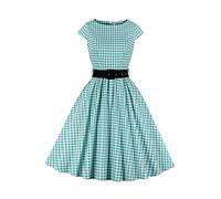 AXOE Women 50s Dresses Rockabilly Vintage Inpired Belted Cotton White Green Tartan, UK Size 14, L
