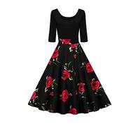 AXOE Women 50s Style Floral Vintage Rockabilly Dress 3/4 Sleeves Black with Red Rose F1B, UK Size 18, XXL
