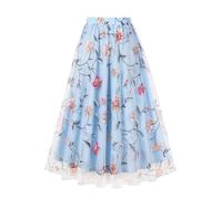 AXOE Women Embroidered Midi Tulle Skirt A-Line Mesh Elasticated High Waist Multi Layered Boho Summer Skirts for Wedding Guest Party Light Blue, UK Size 8-12, S