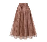 AXOE Women Embroidered Midi Tulle Skirt A-Line Mesh Elasticated High Waist Multi Layered Boho Summer Skirts for Wedding Guest Party Mocha and Black Polka Dot, UK Size 8-12, S