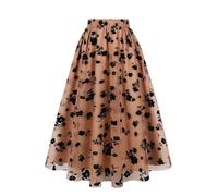 AXOE Women Embroidered Midi Tulle Skirt A-Line Mesh Elasticated High Waist Multi Layered Boho Summer Skirts for Wedding Guest Party Khaki and Black Floral, UK Size 16-20, XXL