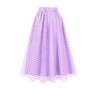 AXOE Women Embroidered Midi Tulle Skirt A-Line Mesh Elasticated High Waist Multi Layered Boho Summer Skirts for Wedding Guest Party Light Purple and Black Polka Dot, UK Size 20-24, 4XL
