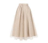 AXOE Women Embroidered Midi Tulle Skirt A-Line Mesh Elasticated High Waist Multi Layered Boho Summer Skirts for Wedding Guest Party Beige and Black Polka Dot, UK Size 12-16, L