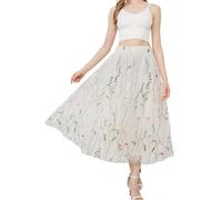 AXOE Women Embroidered Midi Tulle Skirt A-Line Mesh Elasticated High Waist Multi Layered Boho Summer Skirts for Wedding Guest Party White, UK Size 8-12, S