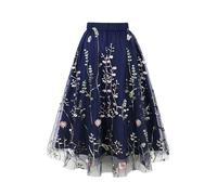 AXOE Women Embroidered Midi Tulle Skirt A-Line Mesh Elasticated High Waist Multi Layered Boho Summer Skirts for Wedding Guest Party Navy, UK Size 16-20, XXL