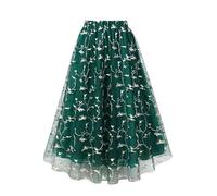 AXOE Women Long Tulle Skirt Midi Elasticated Waist Mesh Layered A-line for Summer Wedding Party Casual Green and Floral Embroidered, UK Size 8-12, S