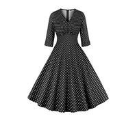 AXOE Women Retro 1950s Tea Dress A-Line Mid-Century Tailoring Cross V-Neck 3/4 Sleeve Cotton-Blend for Work Dates Everyday Elegance Black with White Polka Dots, UK Size 20, 3XL