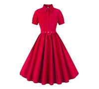 AXOE Women Rockabilly Dress 1940s 50s Style Vintage Outfit Belted Knee Length for Tea Party Work Red, UK Size 16, XL