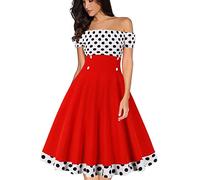 AXOE Women‘s Off The Shoulder Dress Vintage 50s Style with Elastic Neckline Knee Length for Summer Holiday Casual Red Black Polka Dots UK Size 10, S