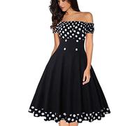 AXOE Women‘s Off The Shoulder Dress Vintage 50s Style with Elastic Neckline Knee Length for Summer Holiday Casual Black White Polka Dots UK Size 18, XXL
