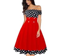 AXOE Women‘s Off The Shoulder Dress Vintage 50s Style with Elastic Neckline Knee Length for Summer Holiday Casual Red White Polka Dots UK Size 16, XL