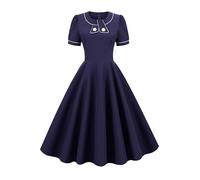 AXOE Women’s Vintage Dress 1950s Rockabilly Short Sleeve | Swing Knee-Length A-Line Skirt, Contrast Piping, Concealed Back Zip, Sizes S-4XL, Machine Washable, Cocktail Summer Tea Party