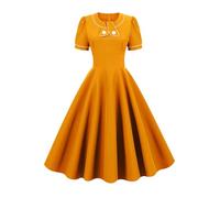 AXOE Women’s Vintage Dress 1950s Rockabilly Short Sleeve | Swing Knee-Length A-Line Skirt, Contrast Piping, Concealed Back Zip, Sizes S-4XL, Machine Washable, Cocktail Summer Tea Party