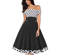 AXOE Women Vintage 1950s Off Shoulder Dress with Polka Dot & Solid Color Block Design A-Line Knee-Length Tea Dress for Date Nights Holidays Spring Summer Outfits Black White UK Size 18, XXL