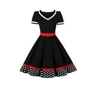 AXOE Women's 50s Style Vintage Rockabilly Dress A-Line Cotton Belted Wedding Guest & Prom Dress Party Wear Black with White Polka Dots, UK Size 14, L