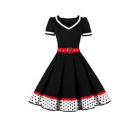 AXOE Women's 50s Style Vintage Rockabilly Dress A-Line Cotton Belted Wedding Guest & Prom Dress Party Wear White with Black Polka Dots, UK Size 24, 5XL