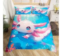 Axolotl 3D Print Duvet Cover Set Double Size,Cute Ocean Animal Marine Life Salamander Bedding Set,Watercolor Blue Undersea Coral Bubbles Comforter Cover(No Filler) for Teens,3 Pcs